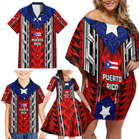 Puerto Rico Family Matching Off Shoulder Short Dress and Hawaiian Shirt with Tribal Patterns, Flag Emblem, and Taino Symbol Design
