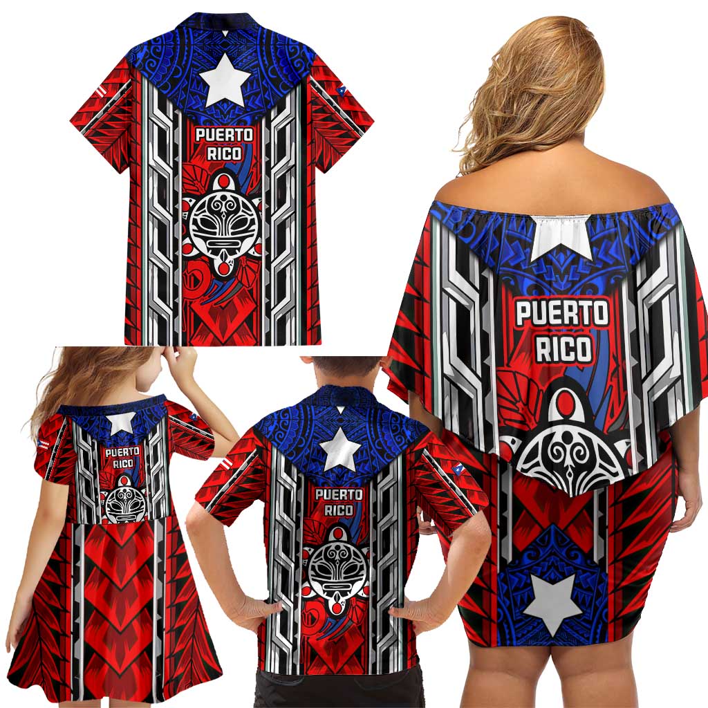 Puerto Rico Family Matching Off Shoulder Short Dress and Hawaiian Shirt with Tribal Patterns, Flag Emblem, and Taino Symbol Design