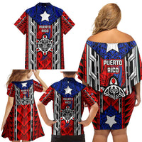 Puerto Rico Family Matching Off Shoulder Short Dress and Hawaiian Shirt with Tribal Patterns, Flag Emblem, and Taino Symbol Design