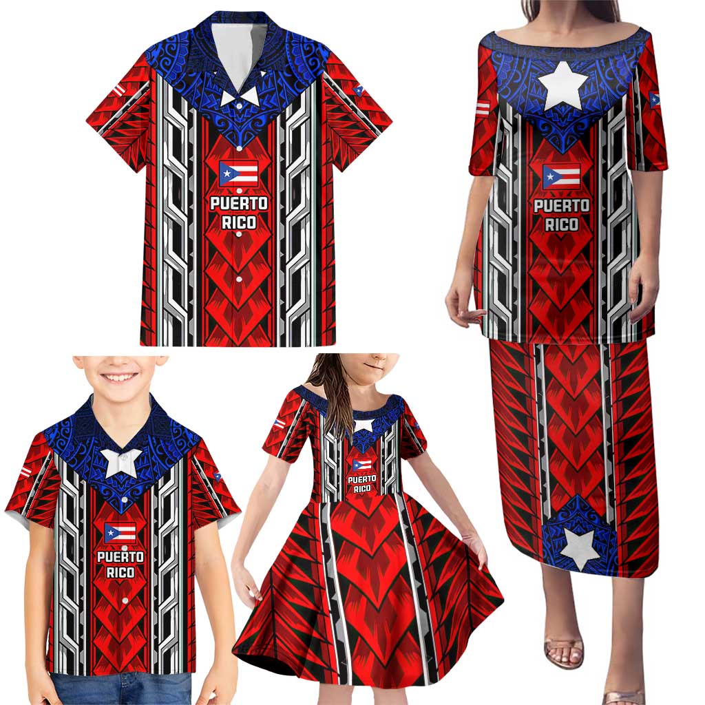 Puerto Rico Family Matching Puletasi and Hawaiian Shirt with Tribal Patterns, Flag Emblem, and Taino Symbol Design