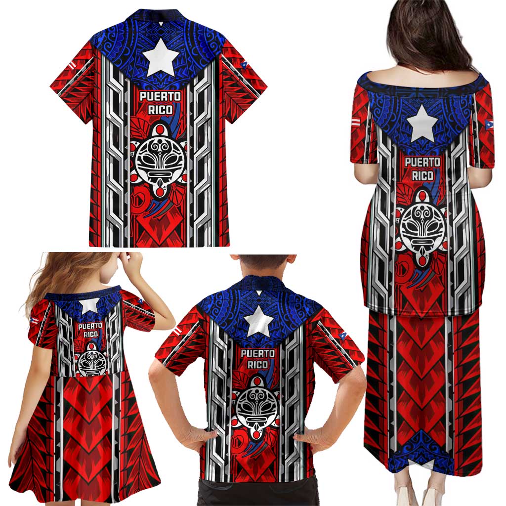 Puerto Rico Family Matching Puletasi and Hawaiian Shirt with Tribal Patterns, Flag Emblem, and Taino Symbol Design