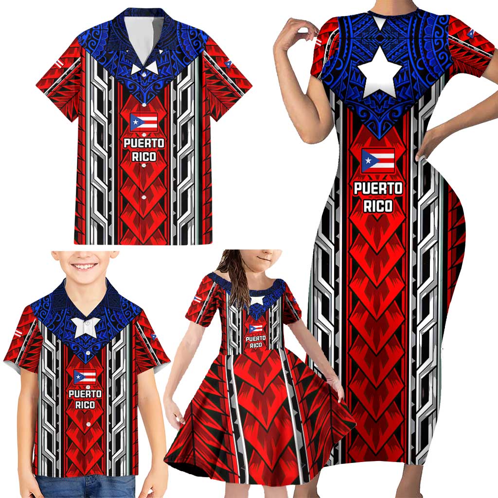 Puerto Rico Family Matching Short Sleeve Bodycon Dress and Hawaiian Shirt with Tribal Patterns, Flag Emblem, and Taino Symbol Design