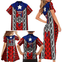 Puerto Rico Family Matching Short Sleeve Bodycon Dress and Hawaiian Shirt with Tribal Patterns, Flag Emblem, and Taino Symbol Design