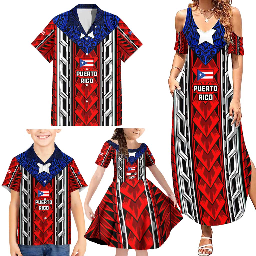 Puerto Rico Family Matching Summer Maxi Dress and Hawaiian Shirt with Tribal Patterns, Flag Emblem, and Taino Symbol Design