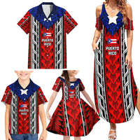 Puerto Rico Family Matching Summer Maxi Dress and Hawaiian Shirt with Tribal Patterns, Flag Emblem, and Taino Symbol Design
