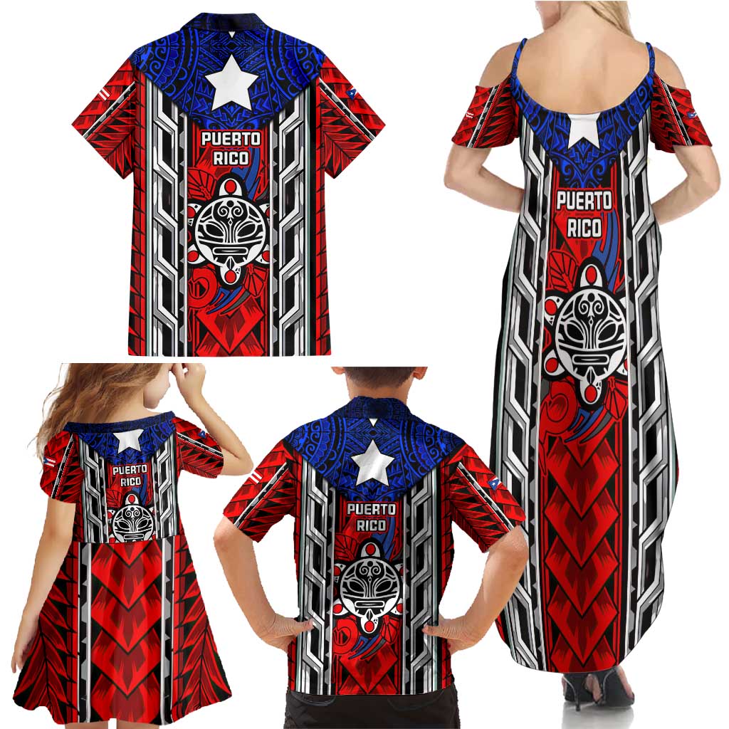 Puerto Rico Family Matching Summer Maxi Dress and Hawaiian Shirt with Tribal Patterns, Flag Emblem, and Taino Symbol Design