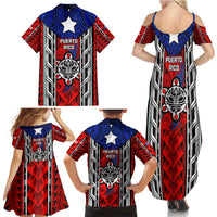 Puerto Rico Family Matching Summer Maxi Dress and Hawaiian Shirt with Tribal Patterns, Flag Emblem, and Taino Symbol Design