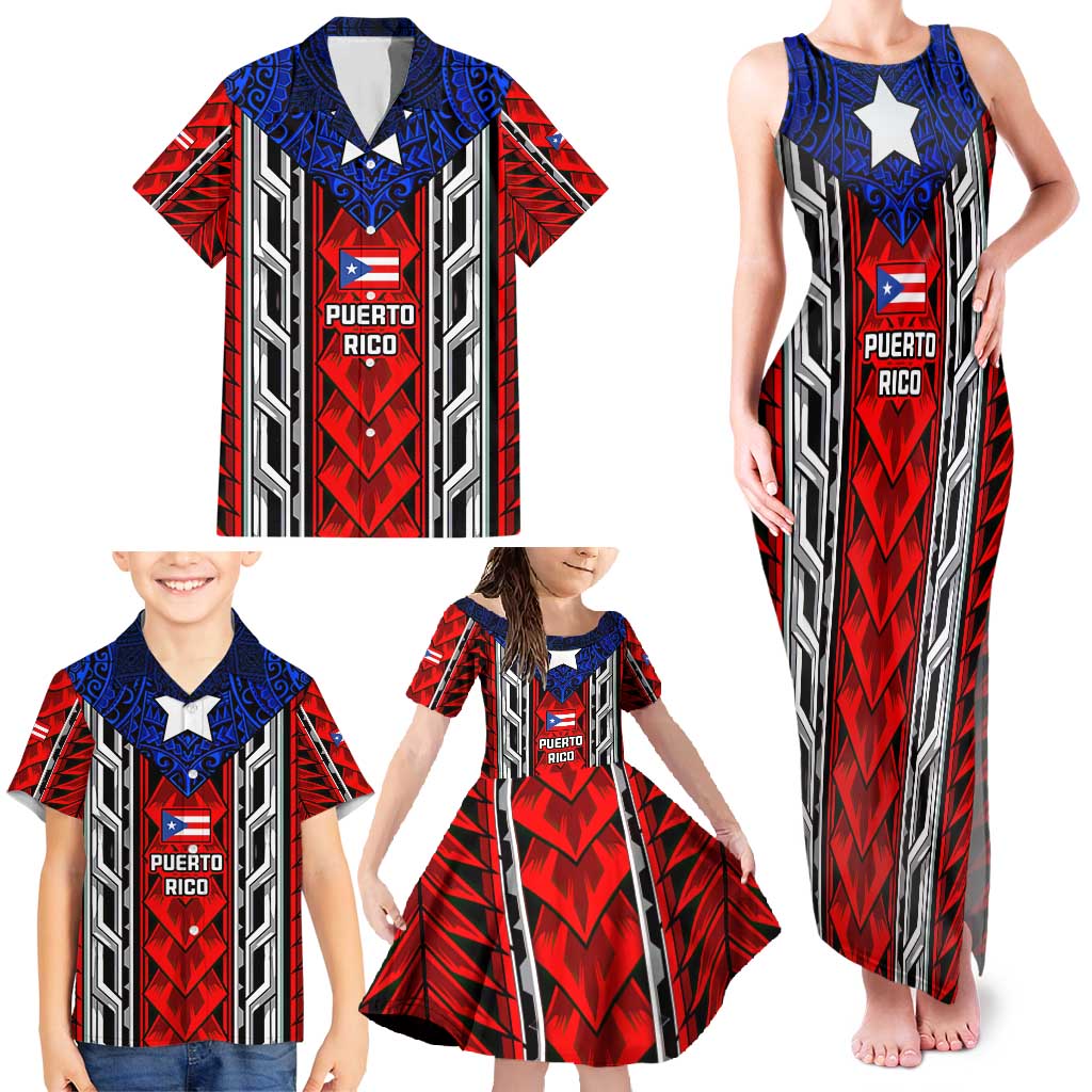 Puerto Rico Family Matching Tank Maxi Dress and Hawaiian Shirt with Tribal Patterns, Flag Emblem, and Taino Symbol Design