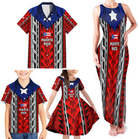 Puerto Rico Family Matching Tank Maxi Dress and Hawaiian Shirt with Tribal Patterns, Flag Emblem, and Taino Symbol Design