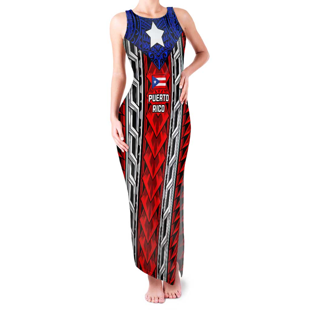 Puerto Rico Family Matching Tank Maxi Dress and Hawaiian Shirt with Tribal Patterns, Flag Emblem, and Taino Symbol Design