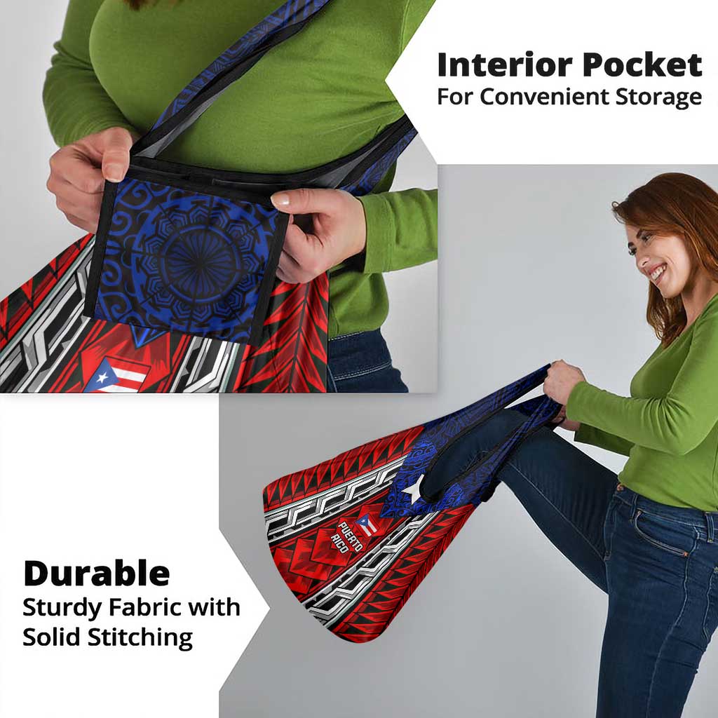 Puerto Rico Grocery Bag with Tribal Patterns, Flag Emblem, and Taino Symbol Design