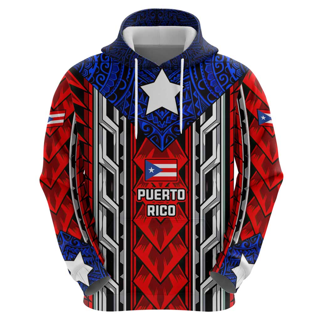 Puerto Rico Hoodie with Tribal Patterns, Flag Emblem, and Taino Symbol Design
