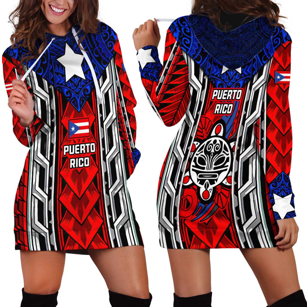 Puerto Rico Hoodie Dress with Tribal Patterns, Flag Emblem, and Taino Symbol Design