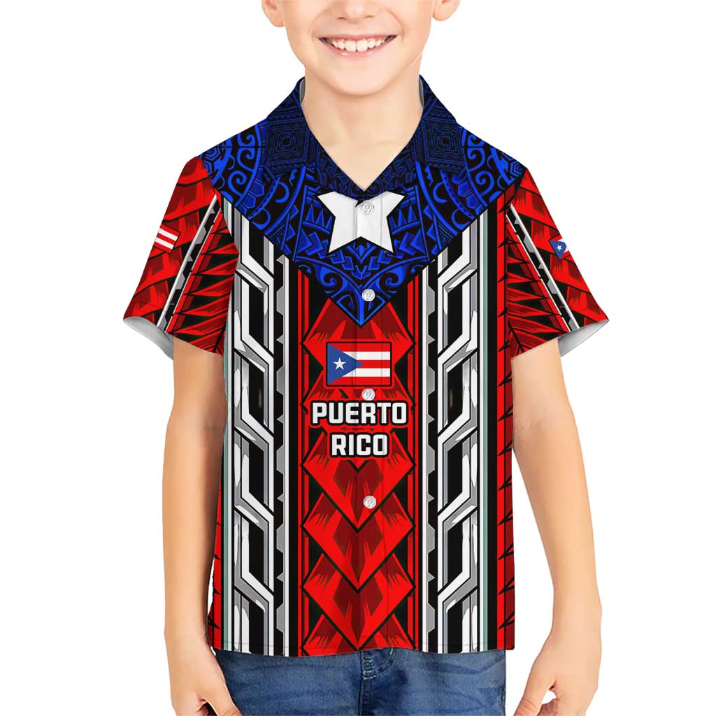 Puerto Rico Kid Hawaiian Shirt with Tribal Patterns, Flag Emblem, and Taino Symbol Design