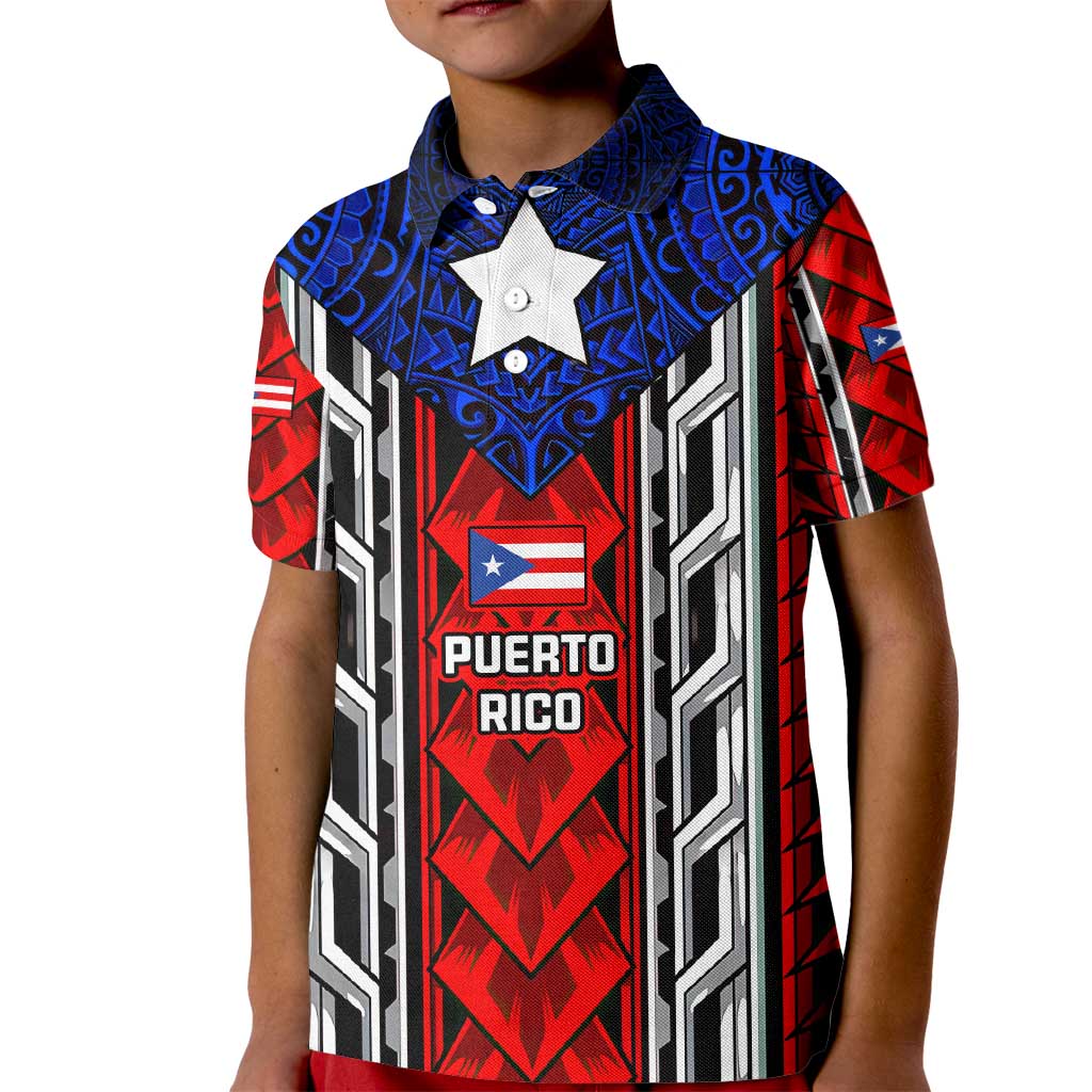 Puerto Rico Kid Polo Shirt with Tribal Patterns, Flag Emblem, and Taino Symbol Design