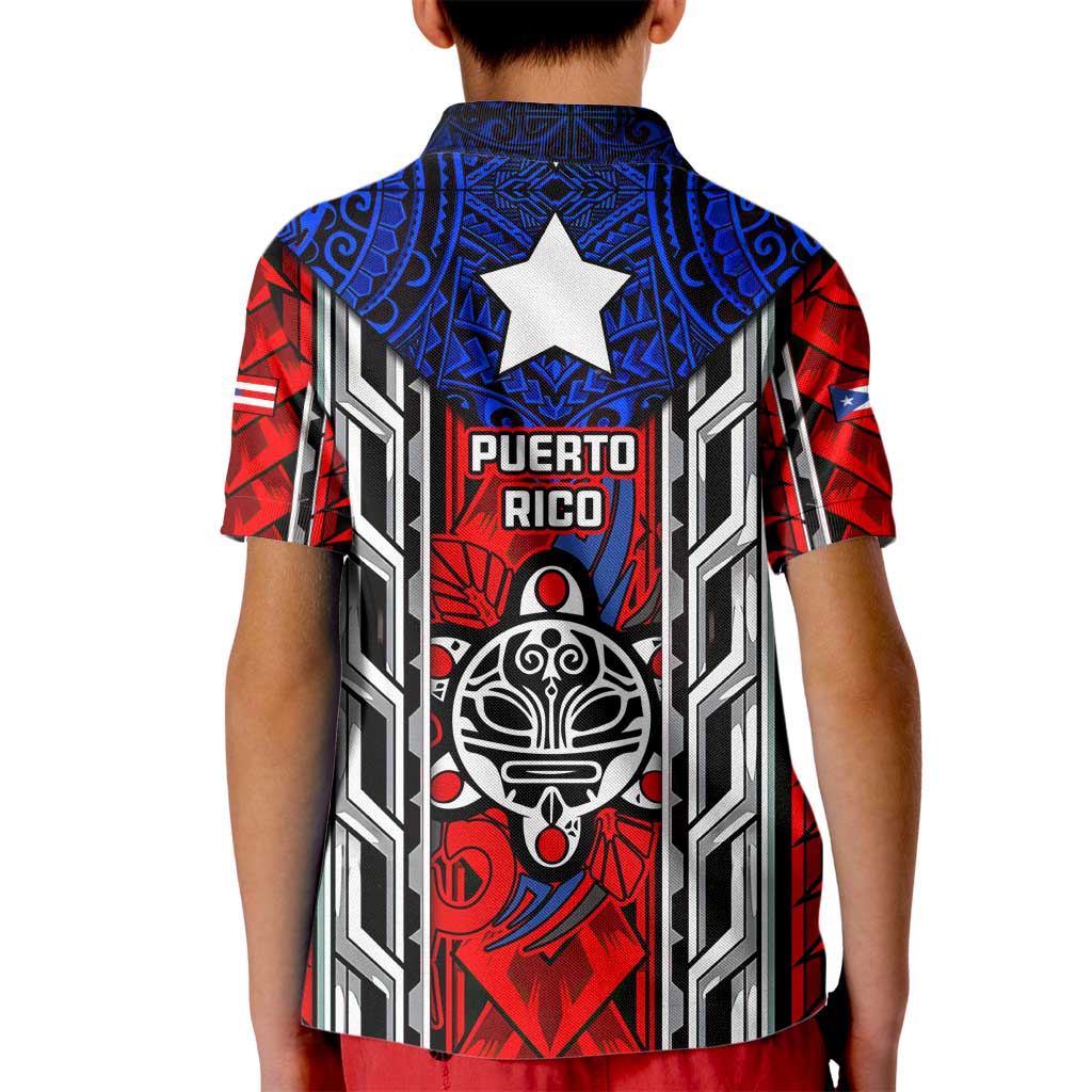 Puerto Rico Kid Polo Shirt with Tribal Patterns, Flag Emblem, and Taino Symbol Design