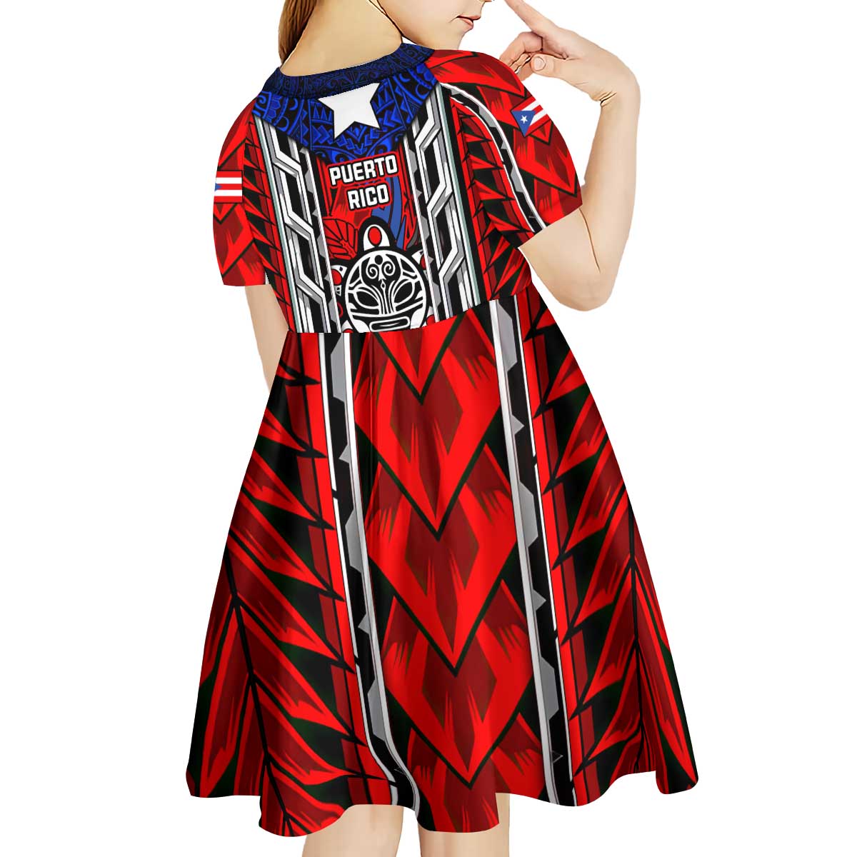 Puerto Rico Kid Short Sleeve Dress with Tribal Patterns, Flag Emblem, and Taino Symbol Design