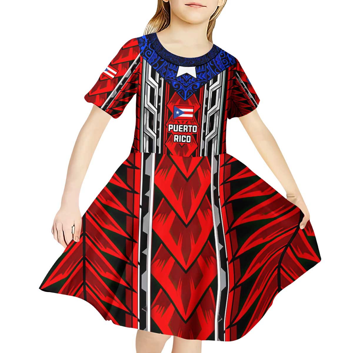 Puerto Rico Kid Short Sleeve Dress with Tribal Patterns, Flag Emblem, and Taino Symbol Design