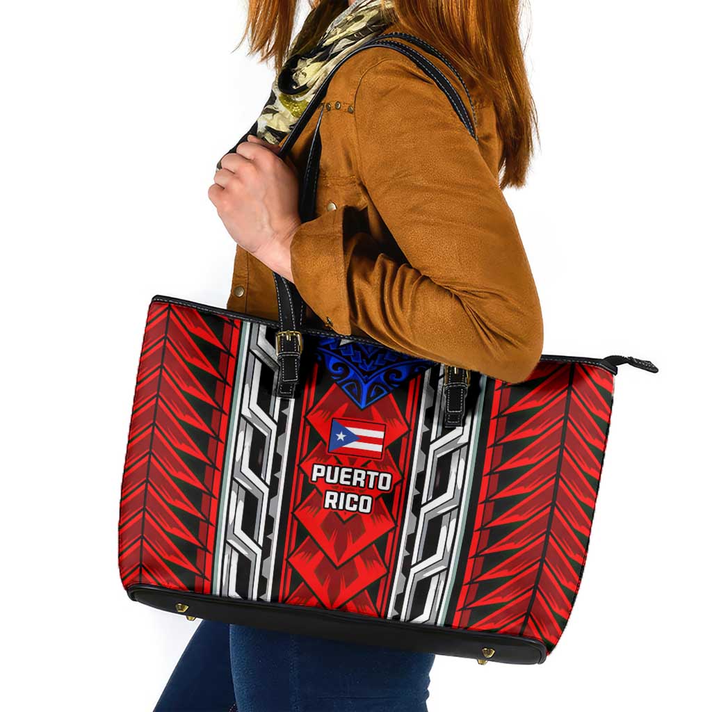 Puerto Rico Leather Tote Bag with Tribal Patterns, Flag Emblem, and Taino Symbol Design