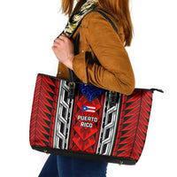 Puerto Rico Leather Tote Bag with Tribal Patterns, Flag Emblem, and Taino Symbol Design
