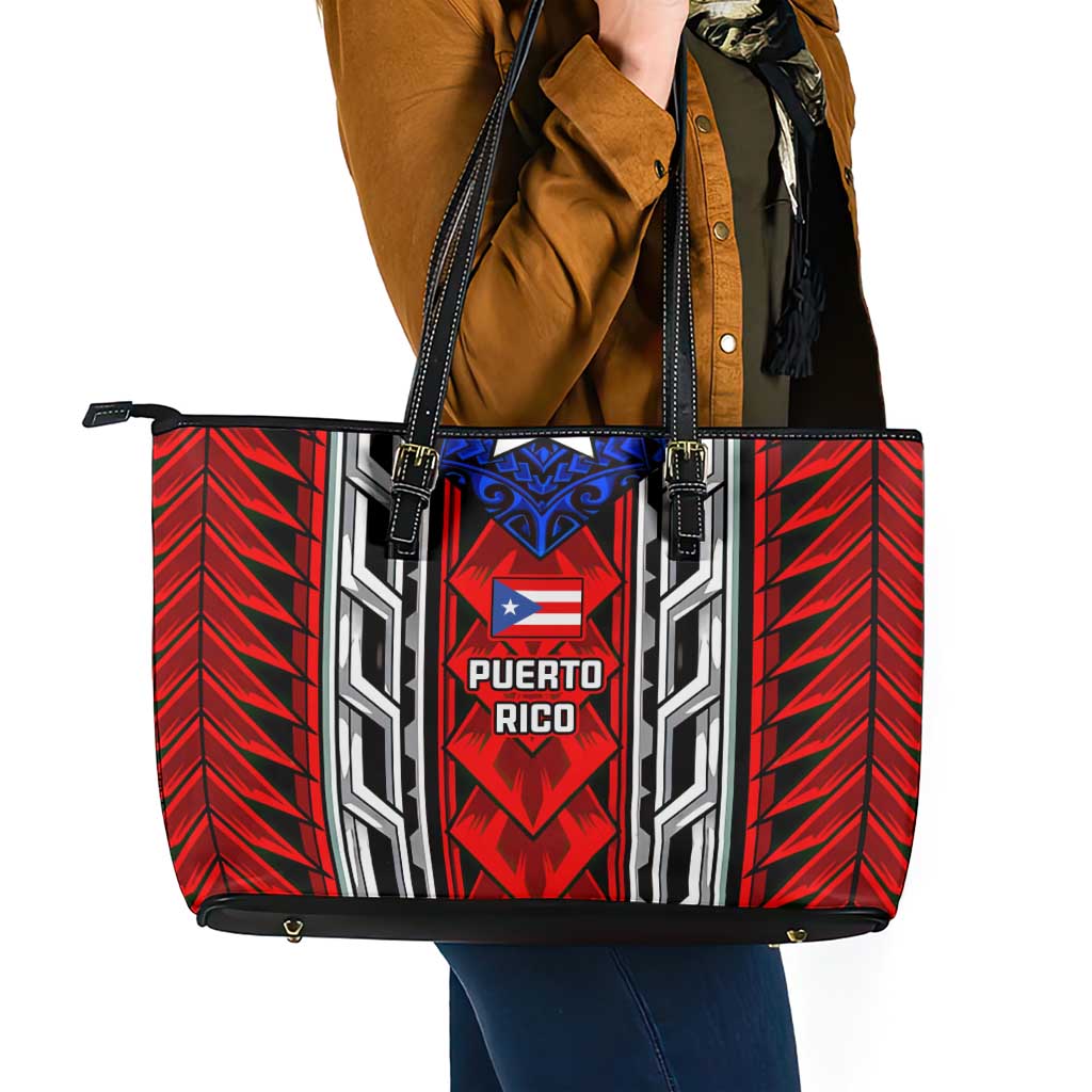 Puerto Rico Leather Tote Bag with Tribal Patterns, Flag Emblem, and Taino Symbol Design