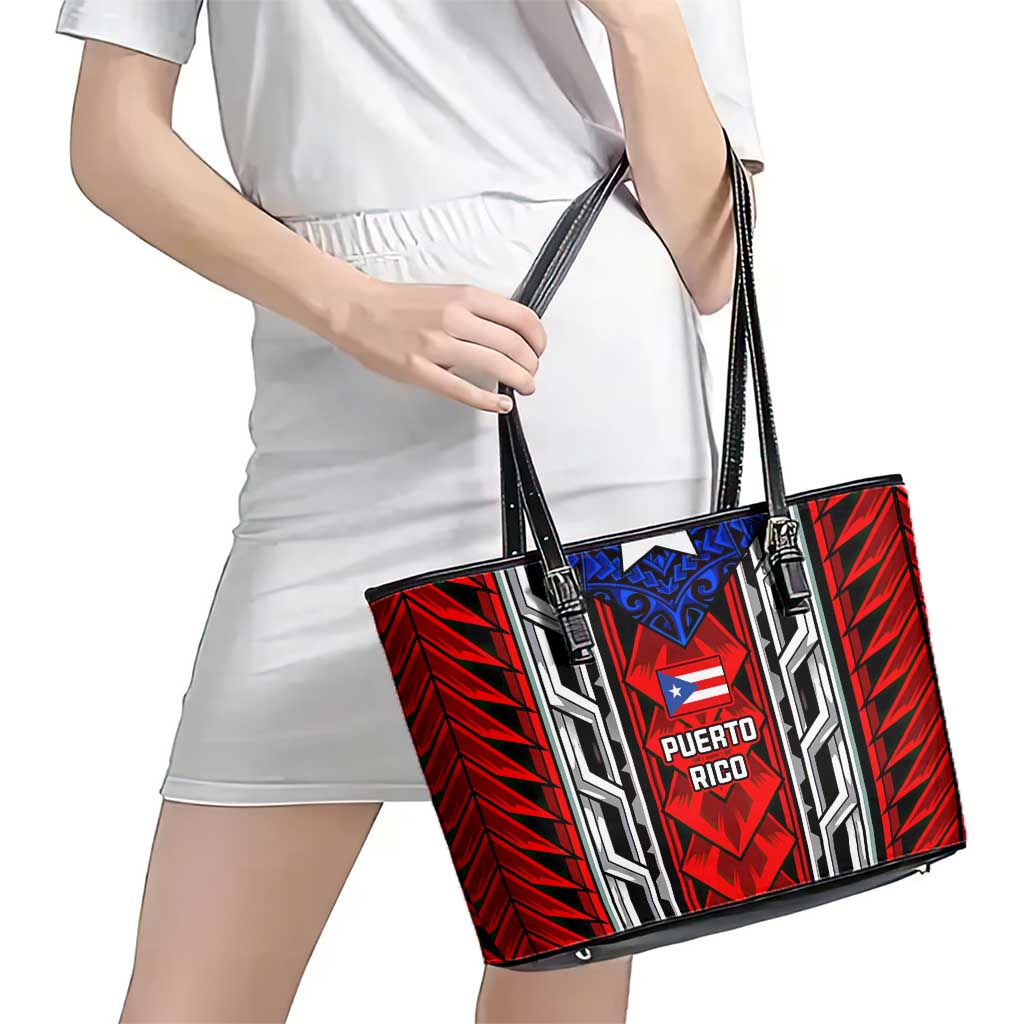 Puerto Rico Leather Tote Bag with Tribal Patterns, Flag Emblem, and Taino Symbol Design