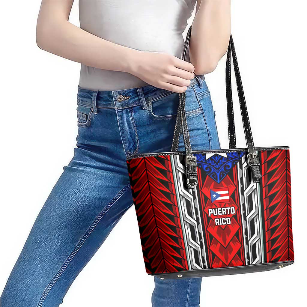 Puerto Rico Leather Tote Bag with Tribal Patterns, Flag Emblem, and Taino Symbol Design