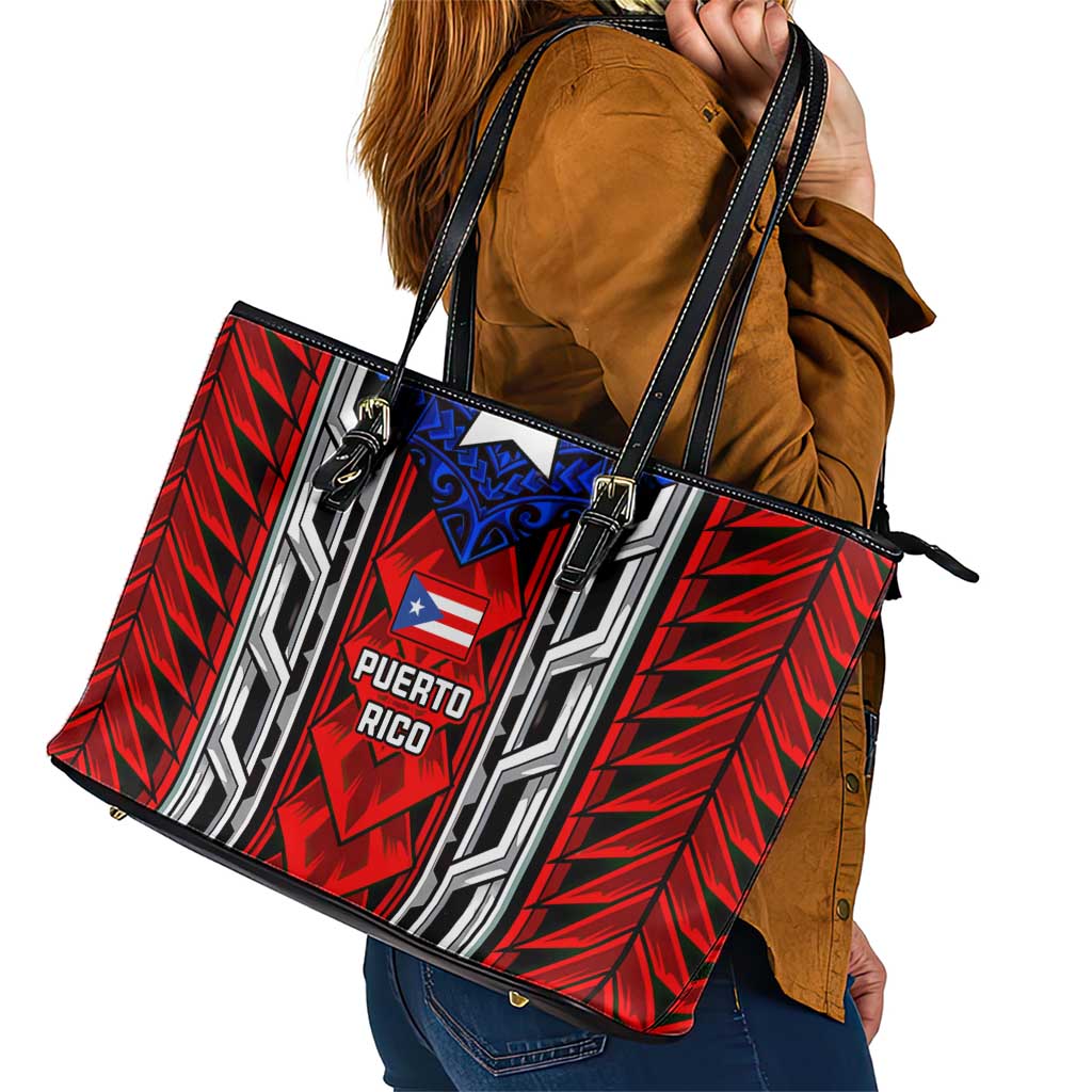 Puerto Rico Leather Tote Bag with Tribal Patterns, Flag Emblem, and Taino Symbol Design