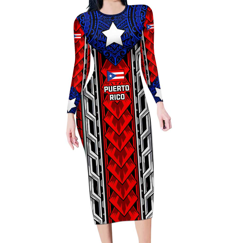 Puerto Rico Long Sleeve Bodycon Dress with Tribal Patterns, Flag Emblem, and Taino Symbol Design