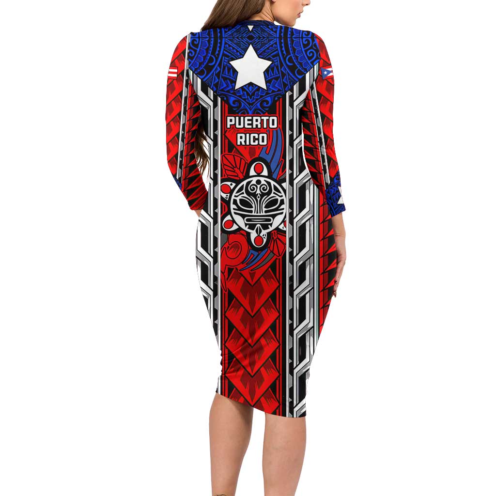 Puerto Rico Long Sleeve Bodycon Dress with Tribal Patterns, Flag Emblem, and Taino Symbol Design