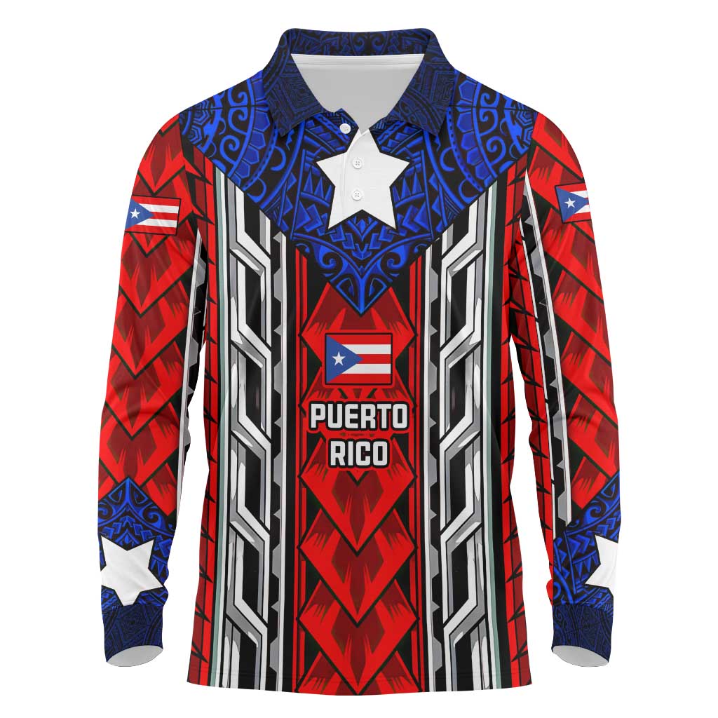 Puerto Rico Long Sleeve Polo Shirt with Tribal Patterns, Flag Emblem, and Taino Symbol Design