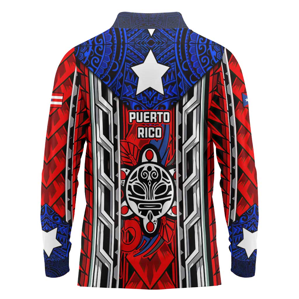 Puerto Rico Long Sleeve Polo Shirt with Tribal Patterns, Flag Emblem, and Taino Symbol Design