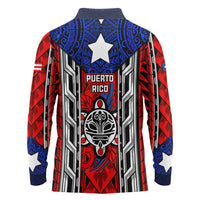 Puerto Rico Long Sleeve Polo Shirt with Tribal Patterns, Flag Emblem, and Taino Symbol Design