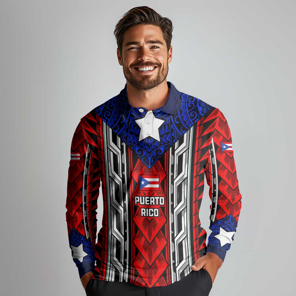 Puerto Rico Long Sleeve Polo Shirt with Tribal Patterns, Flag Emblem, and Taino Symbol Design
