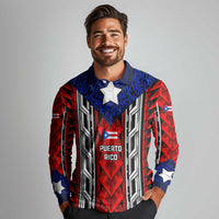 Puerto Rico Long Sleeve Polo Shirt with Tribal Patterns, Flag Emblem, and Taino Symbol Design