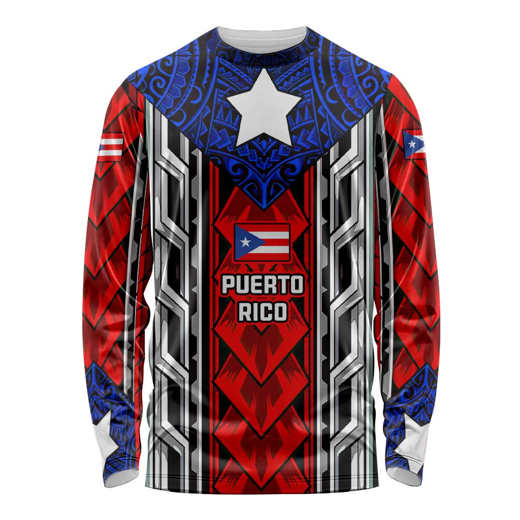 Puerto Rico Long Sleeve Shirt with Tribal Patterns, Flag Emblem, and Taino Symbol Design