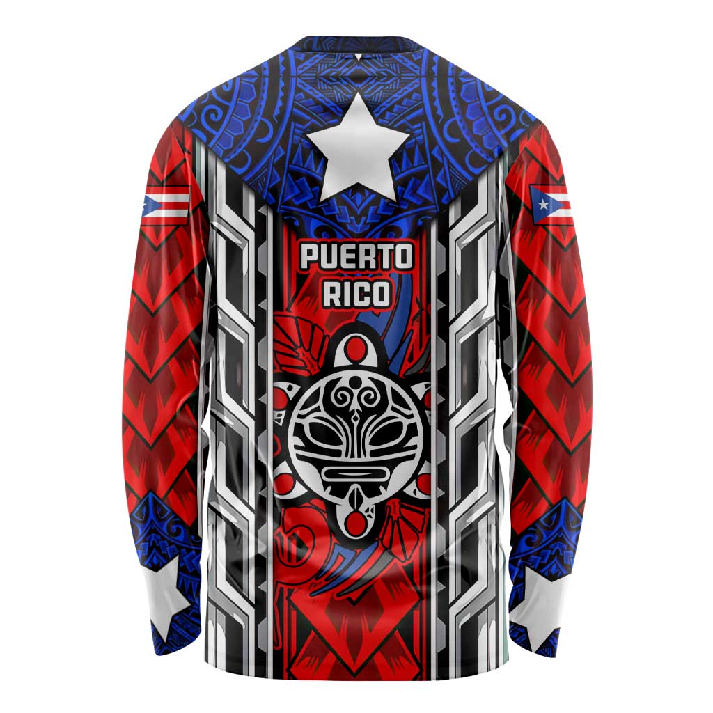 Puerto Rico Long Sleeve Shirt with Tribal Patterns, Flag Emblem, and Taino Symbol Design