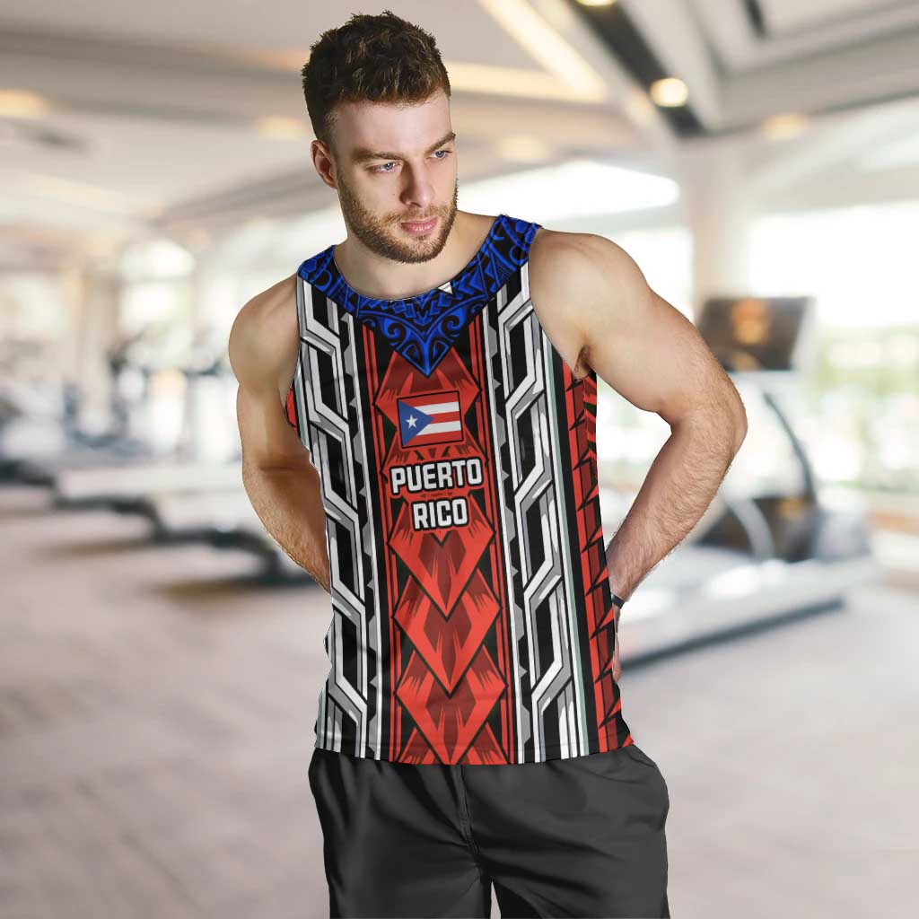 Puerto Rico Men Tank Top with Tribal Patterns, Flag Emblem, and Taino Symbol Design