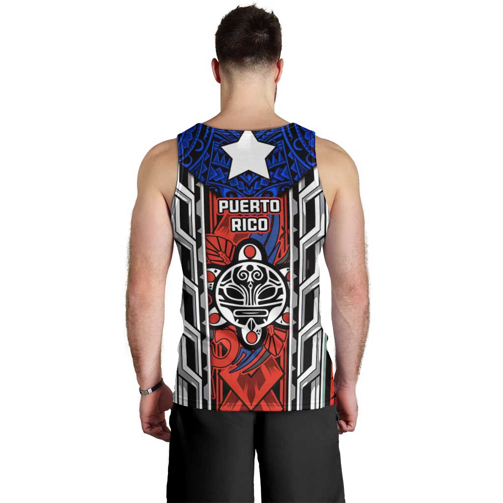 Puerto Rico Men Tank Top with Tribal Patterns, Flag Emblem, and Taino Symbol Design