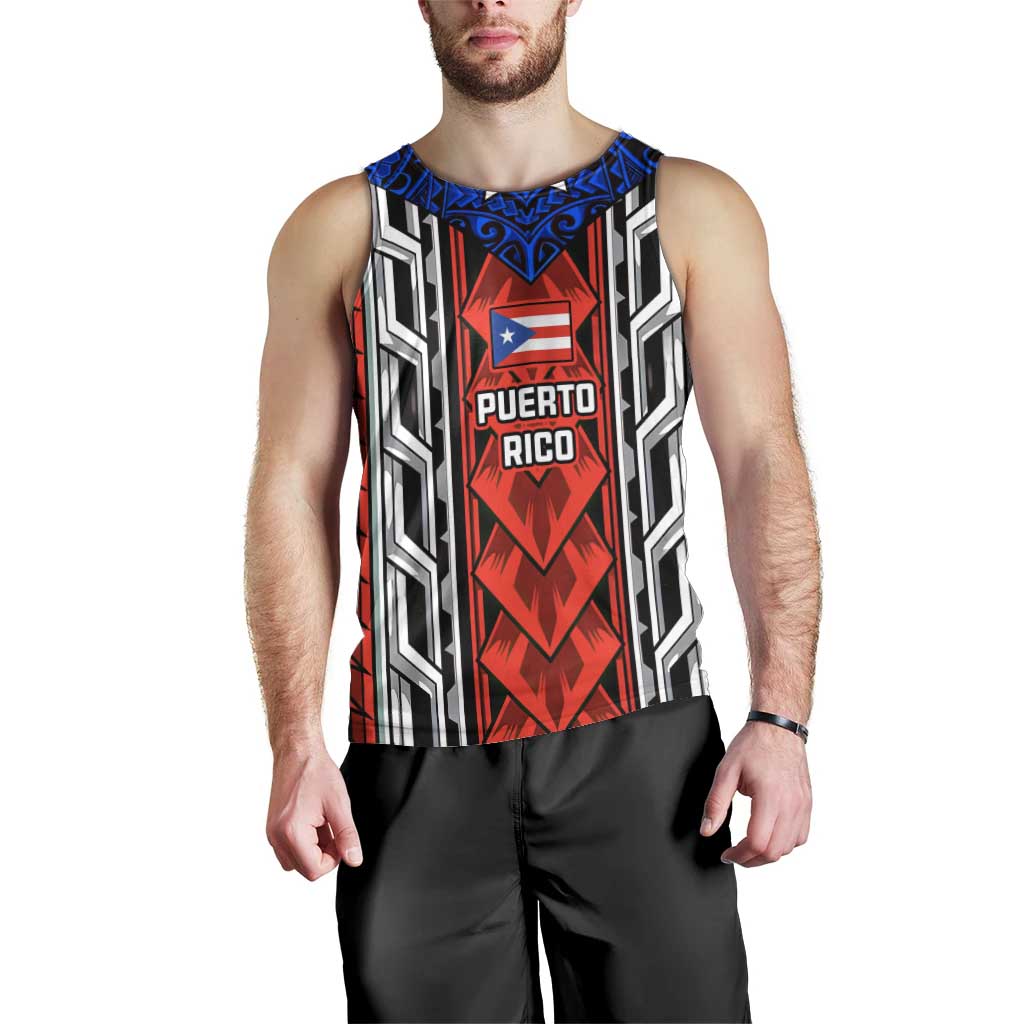 Puerto Rico Men Tank Top with Tribal Patterns, Flag Emblem, and Taino Symbol Design