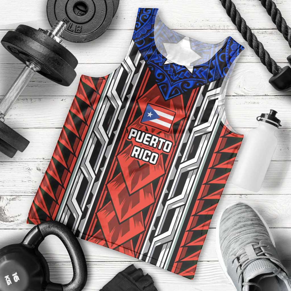 Puerto Rico Men Tank Top with Tribal Patterns, Flag Emblem, and Taino Symbol Design