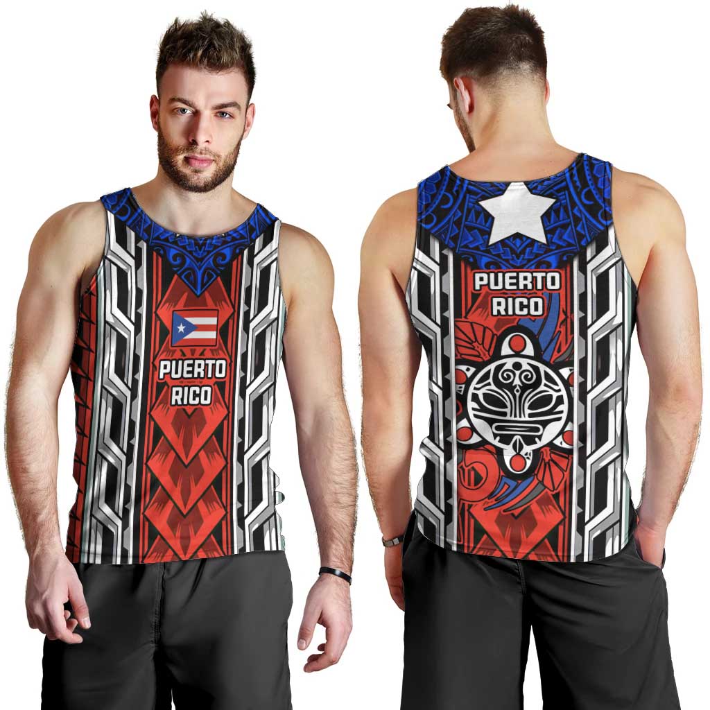 Puerto Rico Men Tank Top with Tribal Patterns, Flag Emblem, and Taino Symbol Design