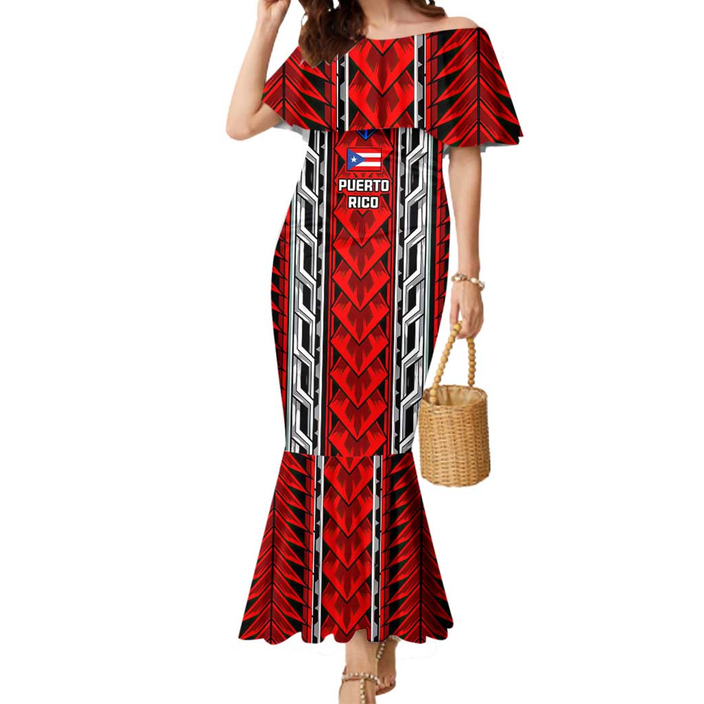 Puerto Rico Mermaid Dress with Tribal Patterns, Flag Emblem, and Taino Symbol Design