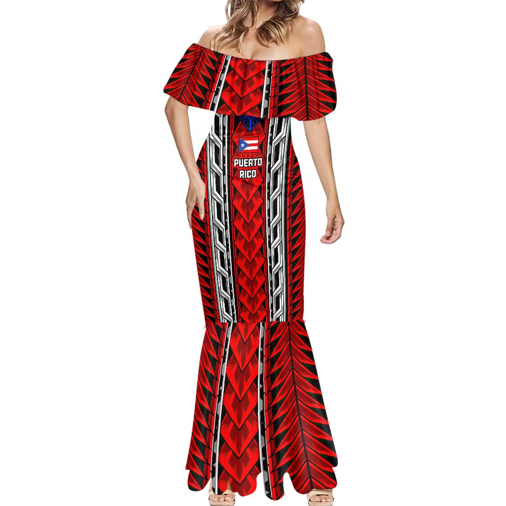 Puerto Rico Mermaid Dress with Tribal Patterns, Flag Emblem, and Taino Symbol Design