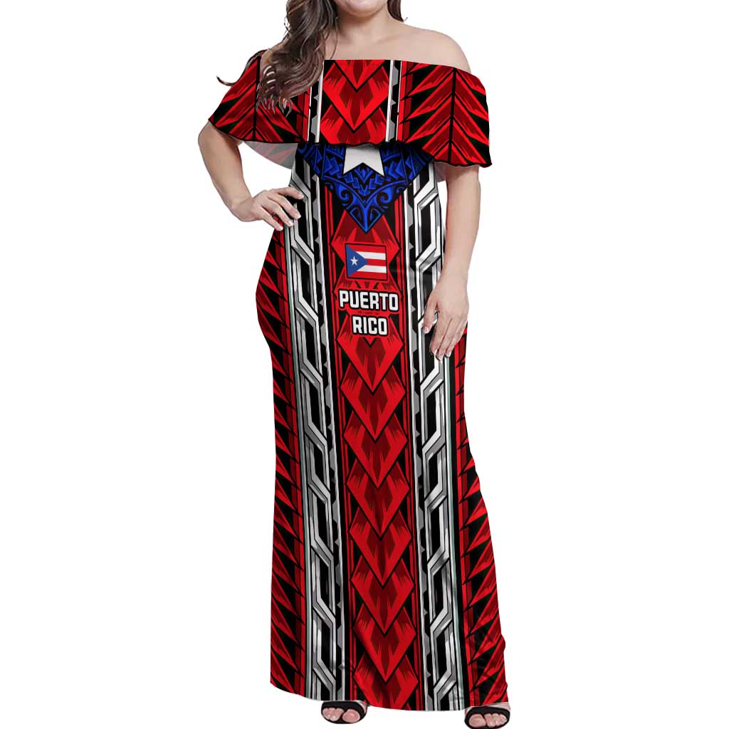 Puerto Rico Off Shoulder Maxi Dress with Tribal Patterns, Flag Emblem, and Taino Symbol Design