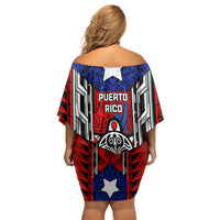 Puerto Rico Off Shoulder Short Dress with Tribal Patterns, Flag Emblem, and Taino Symbol Design