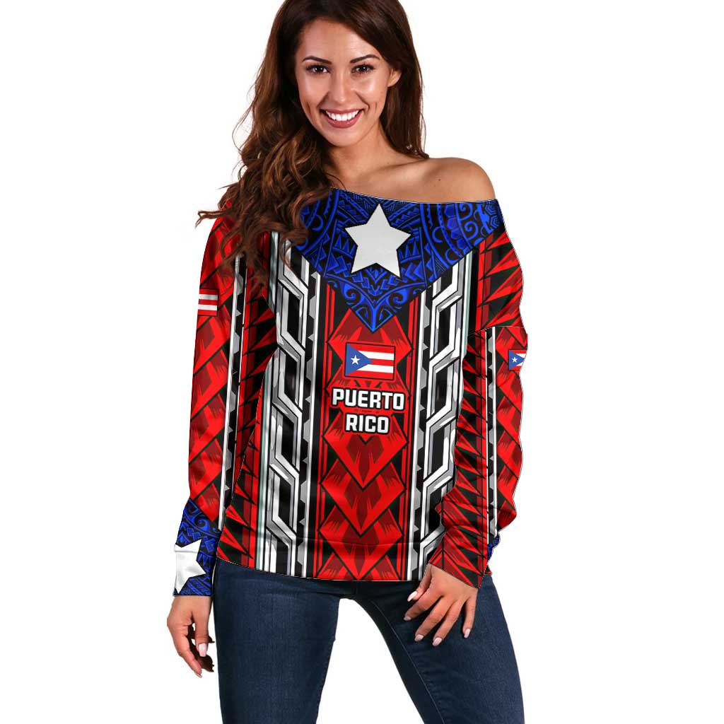 Puerto Rico Off Shoulder Sweater with Tribal Patterns, Flag Emblem, and Taino Symbol Design
