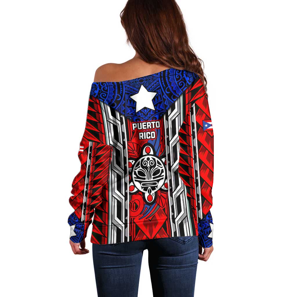 Puerto Rico Off Shoulder Sweater with Tribal Patterns, Flag Emblem, and Taino Symbol Design