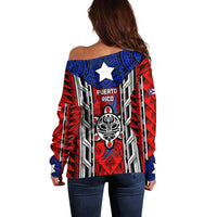 Puerto Rico Off Shoulder Sweater with Tribal Patterns, Flag Emblem, and Taino Symbol Design