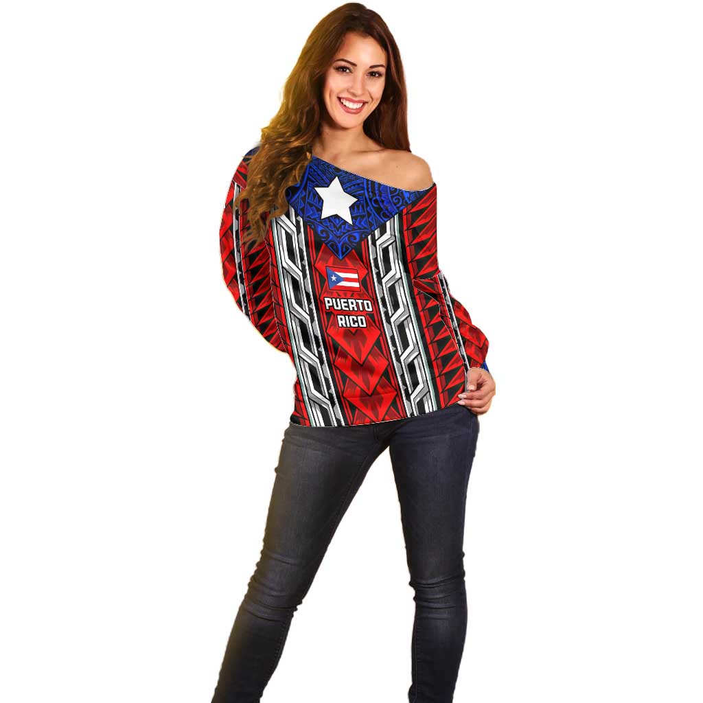 Puerto Rico Off Shoulder Sweater with Tribal Patterns, Flag Emblem, and Taino Symbol Design